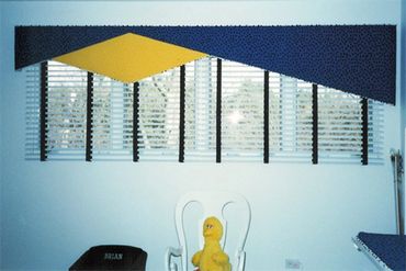 Modern blue and yellow window draperies