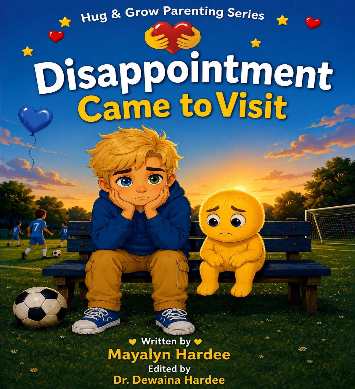 A sad boy and a yellow creature sitting on a bench at a soccer field.