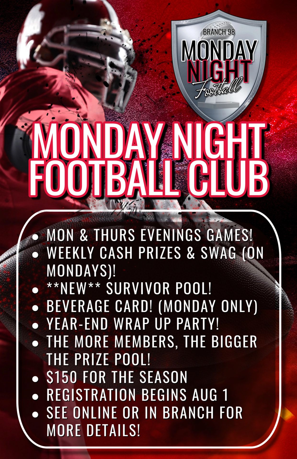Monday Night Football Club announcement with details and registration info.