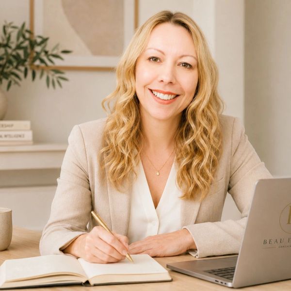 Approachable, friendly woman in beige blazer writing in notebook at desk with laptop and coffee cup.