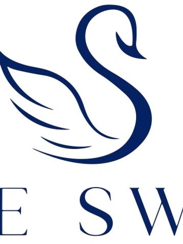 Minimalist blue swan logo with elegant curves on white background.