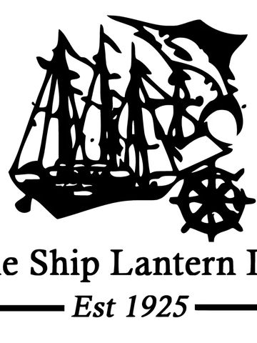 Black and white logo of a ship with a lantern and the text 'The Ship Lantern D Est 1925'.