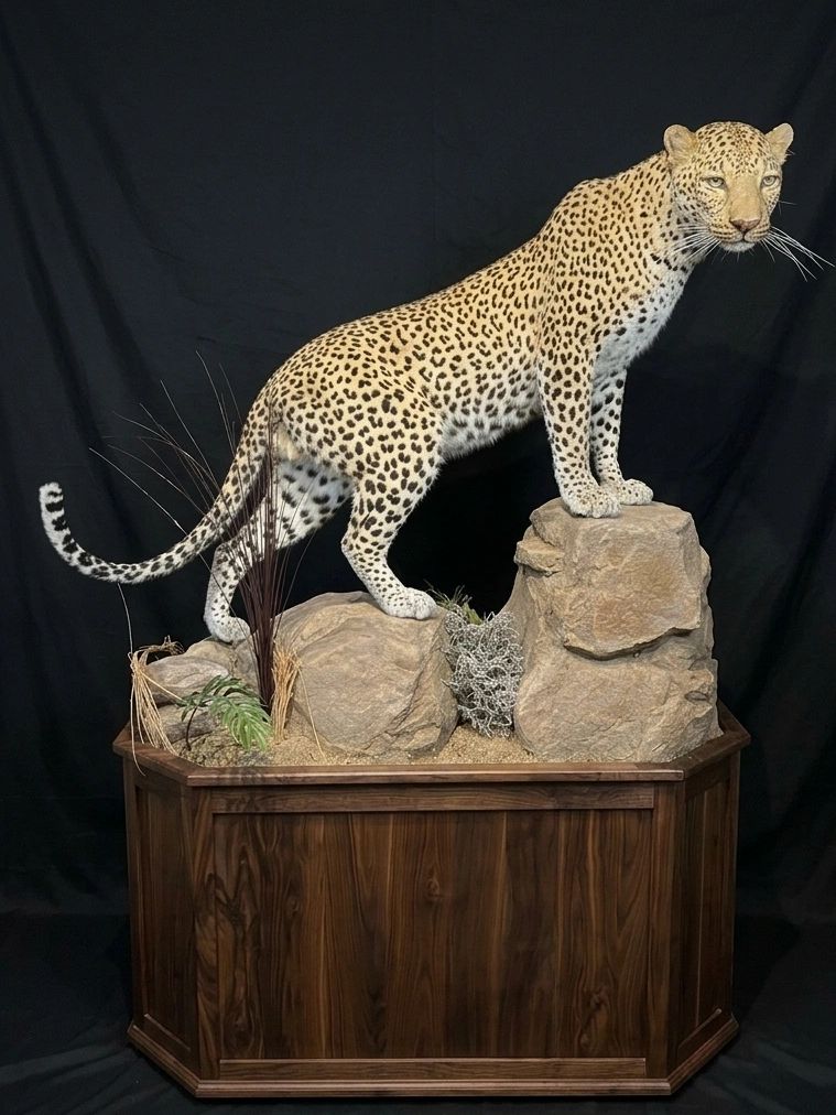 Custom hardwood taxidermy pedestal displaying a life-size leopard with a realistic rock habitat.