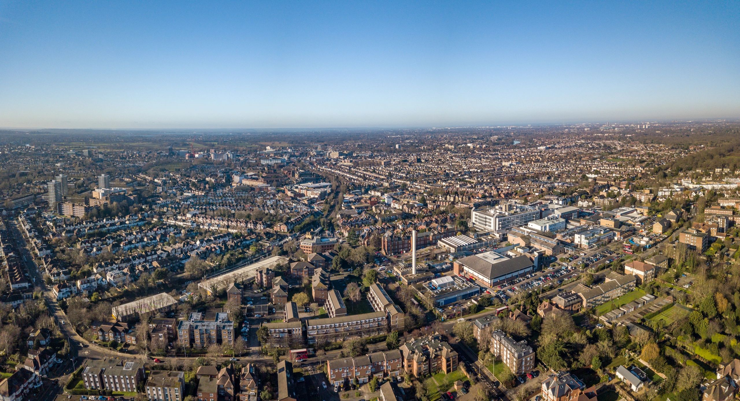 The drone aerial view of residential area of Kingston upon Thames