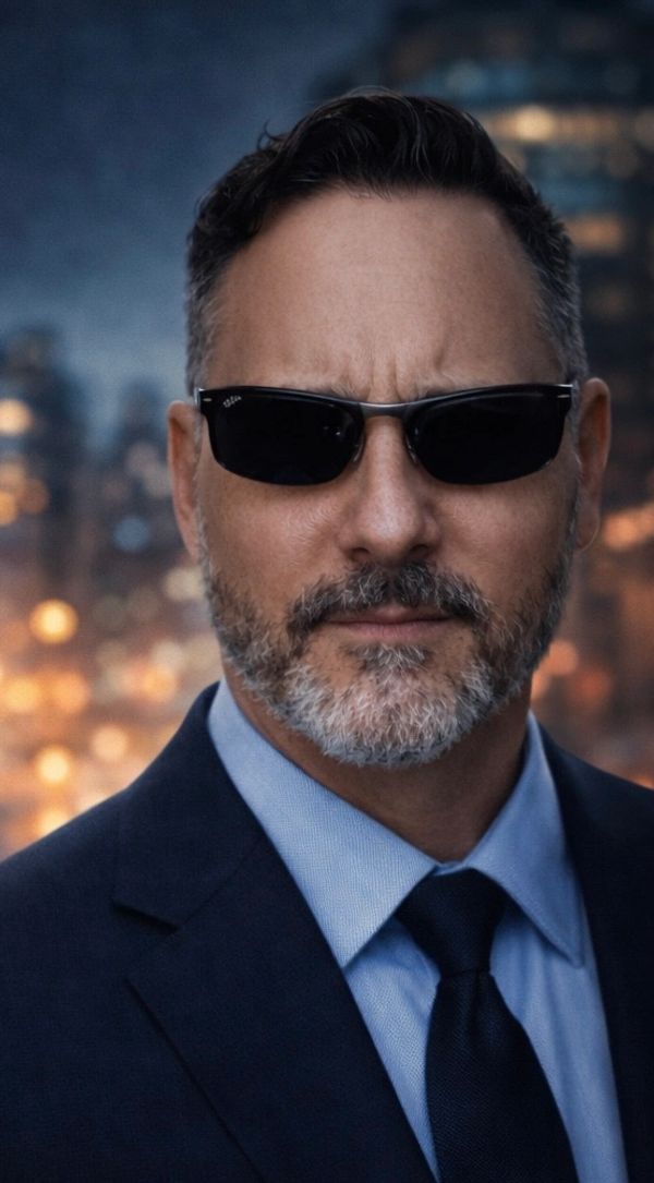 Confident man in a suit wearing sunglasses with a cityscape background.