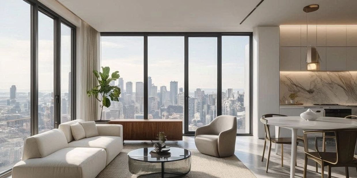 Modern living room with city skyline view.