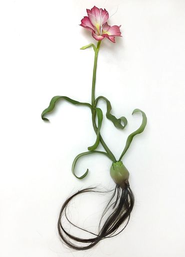 Cut Flowers, After Mary Delany, (What Remains, No. 1), ceramic, acrylic, paper, pastel, human hair, 