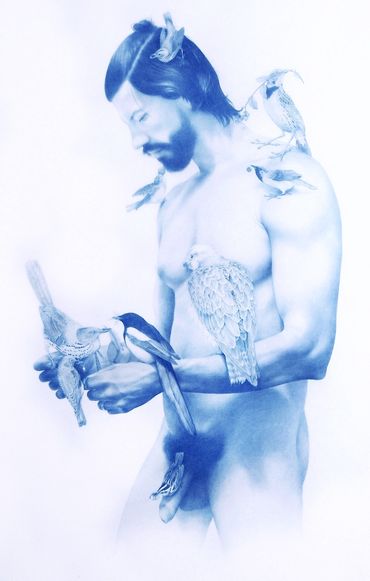 Feeding No. 5, from Wildman Series, blue pencil on mylar, 26 x 42 inches, 2015. 