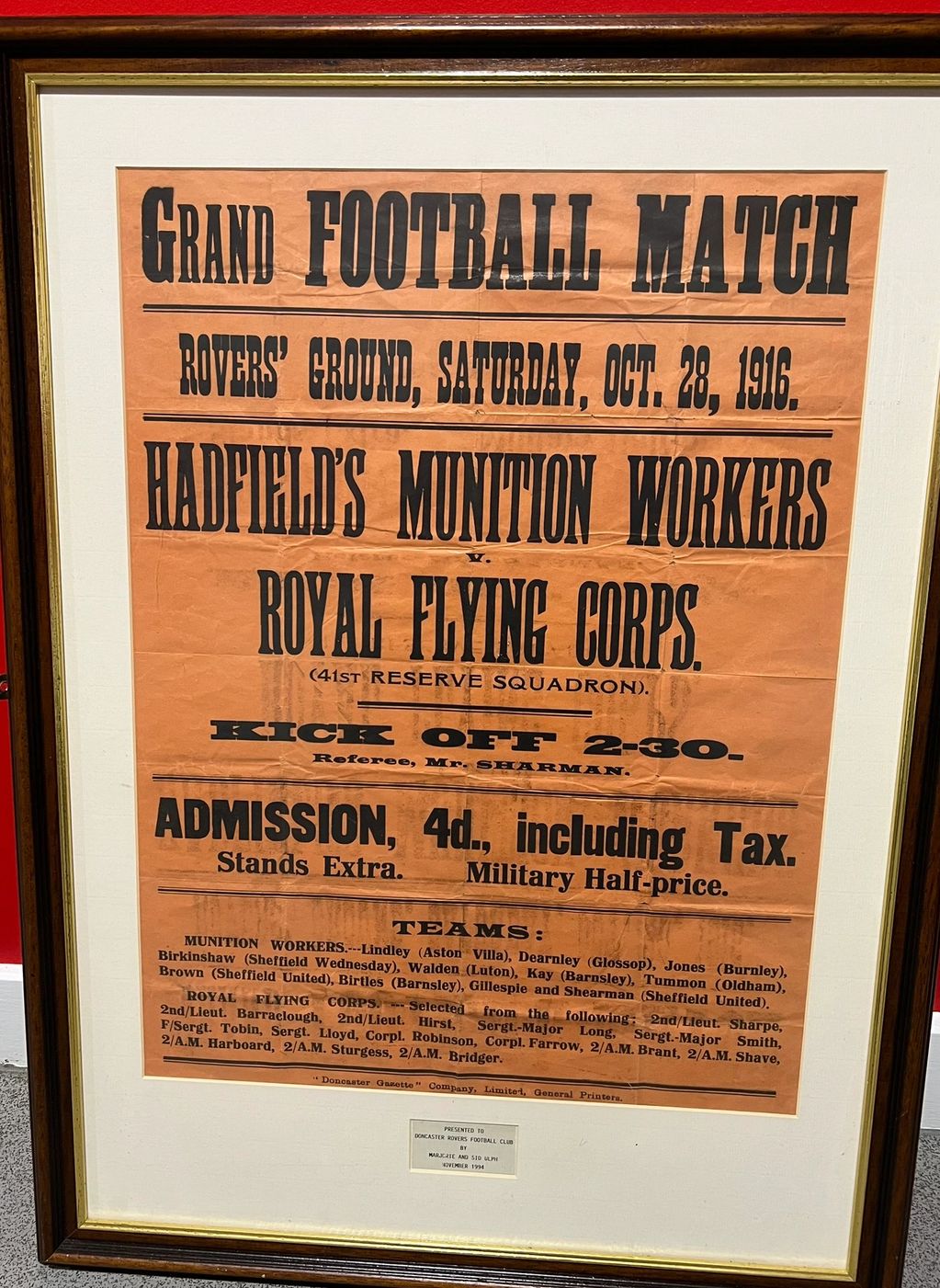 Framed poster advertising a match at the Intake Ground Saturday 28 October 1916. 

DRFM/2025/265.

