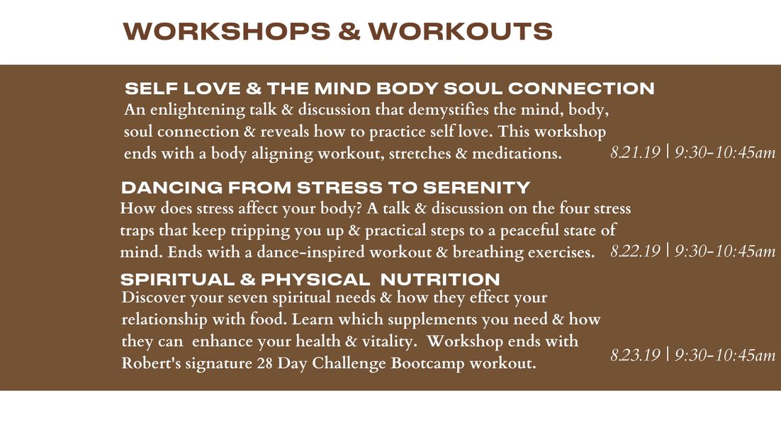 Workshop schedule on self love, stress relief, and nutrition with workouts.