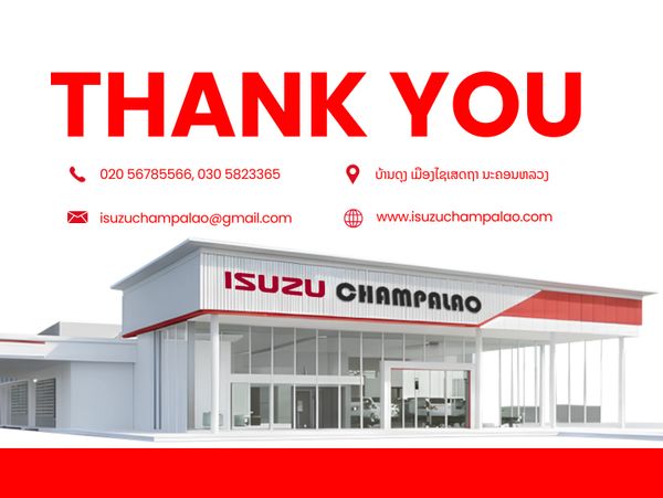 Isuzu Champalao dealership contact and thank you message with building image.