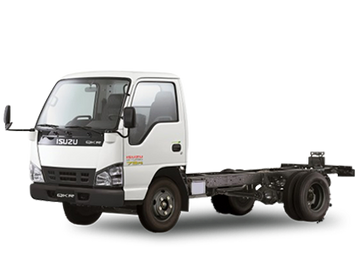 White Isuzu flatbed truck chassis without cargo body.