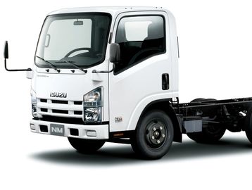 White Isuzu NM commercial truck chassis with cab.