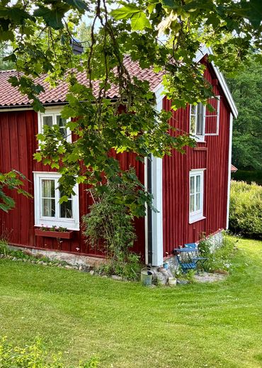 Red wooden house surrounded by greenery.