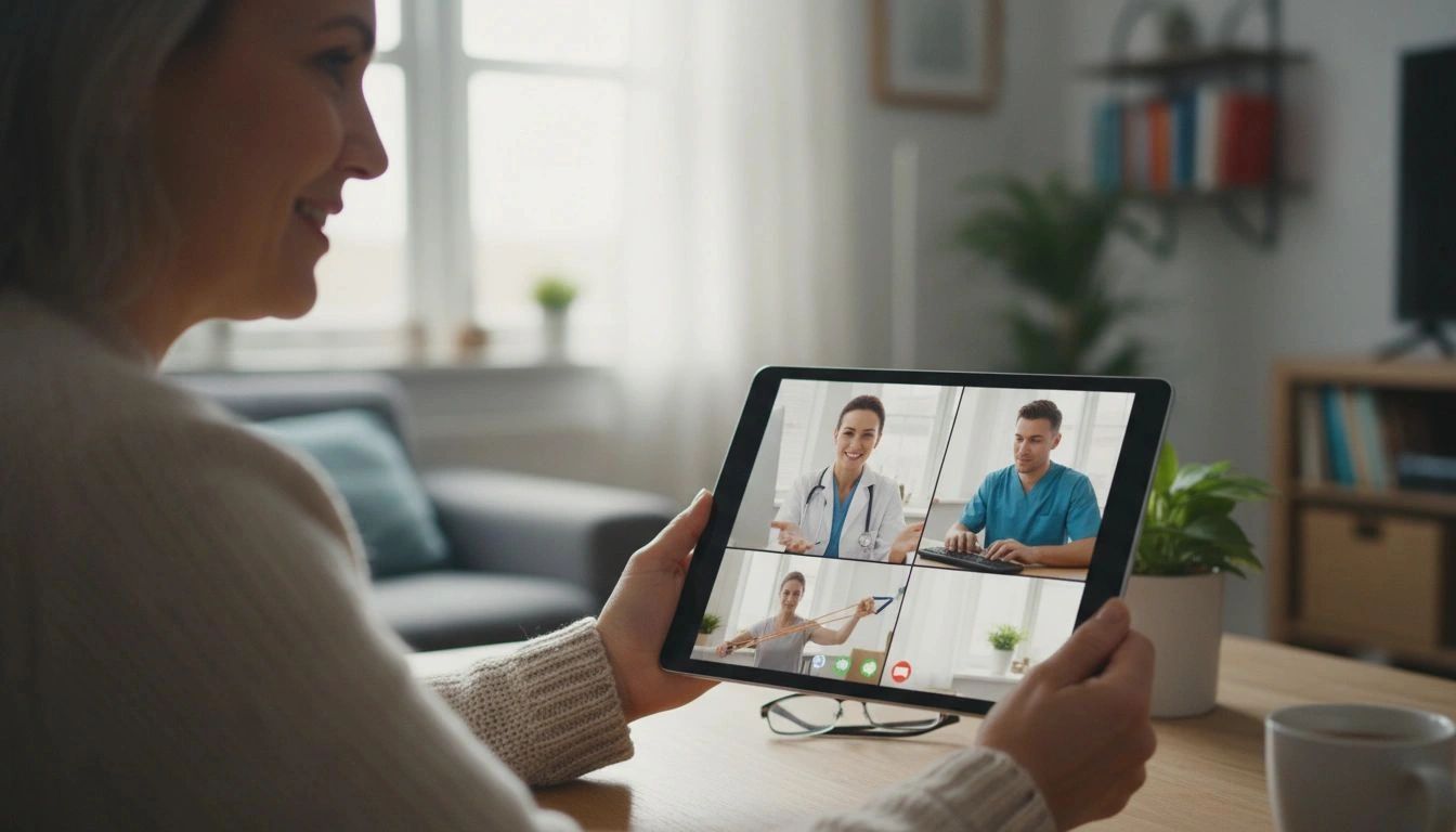 Woman having a virtual consultation with healthcare professionals on a tablet.