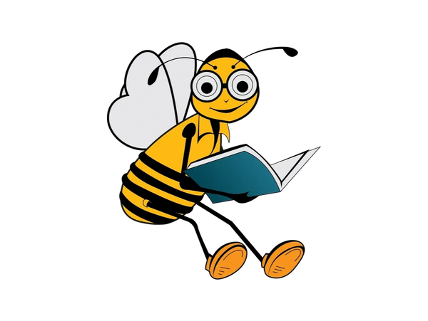 Image of a cartoon bee, reading a book, he's being bee-ing studious