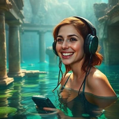 Smiling woman with headphones in water, holding a phone.