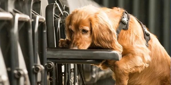 A spaniel sniffing as part of a scentwork class.