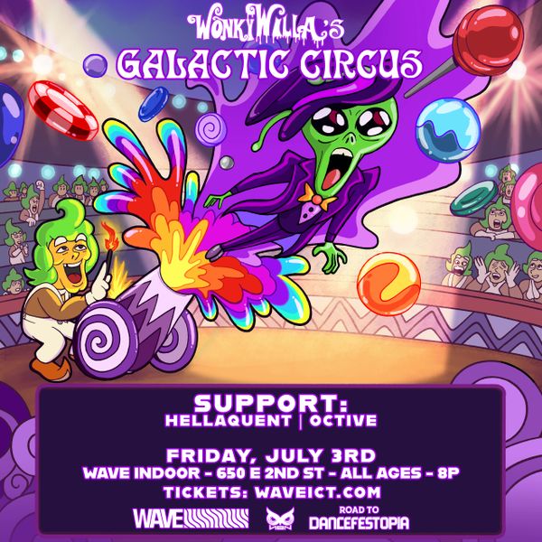 Colorful alien circus poster for Wonky Willa's Galactic Circus event.