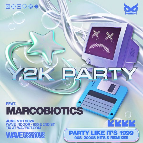 Futuristic Y2K party poster with retro tech and 90s vibes.