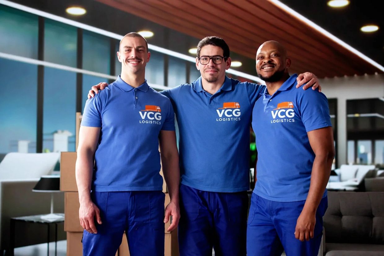 Three logistics workers in blue uniforms smiling together indoors.