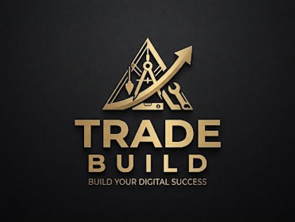 Elegant gold logo for Trade Build with construction tools and upward arrow.
