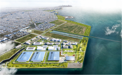 Aerial view of a large coastal industrial and urban development area with labeled sections.