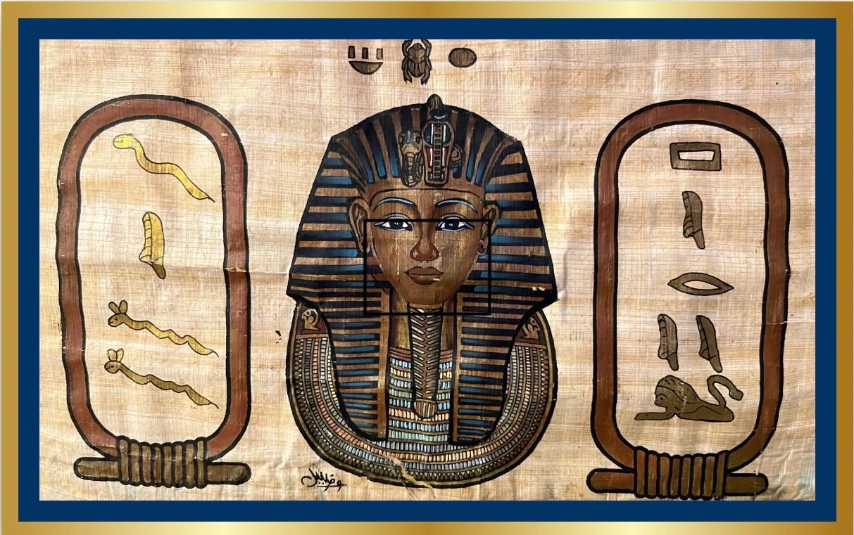 "King Tut golden mask artwork with #0e08cc Egyptian blue background and hieroglyph cartouches for Th