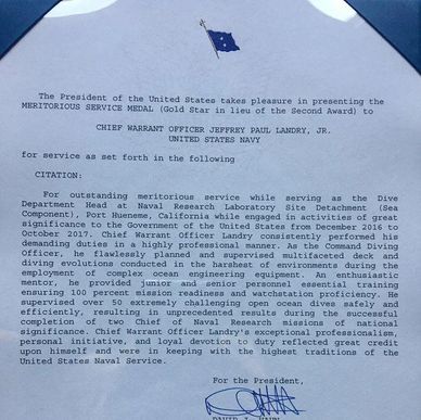 Meritorious Service Medal citation for Chief Warrant Officer Jeffrey Paul Landry, Jr., US Navy.