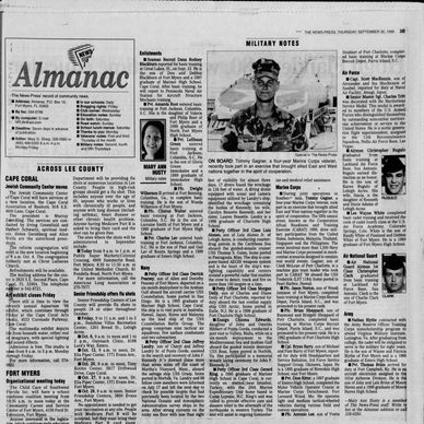 A vintage newspaper page featuring military notes, almanac, and local news.