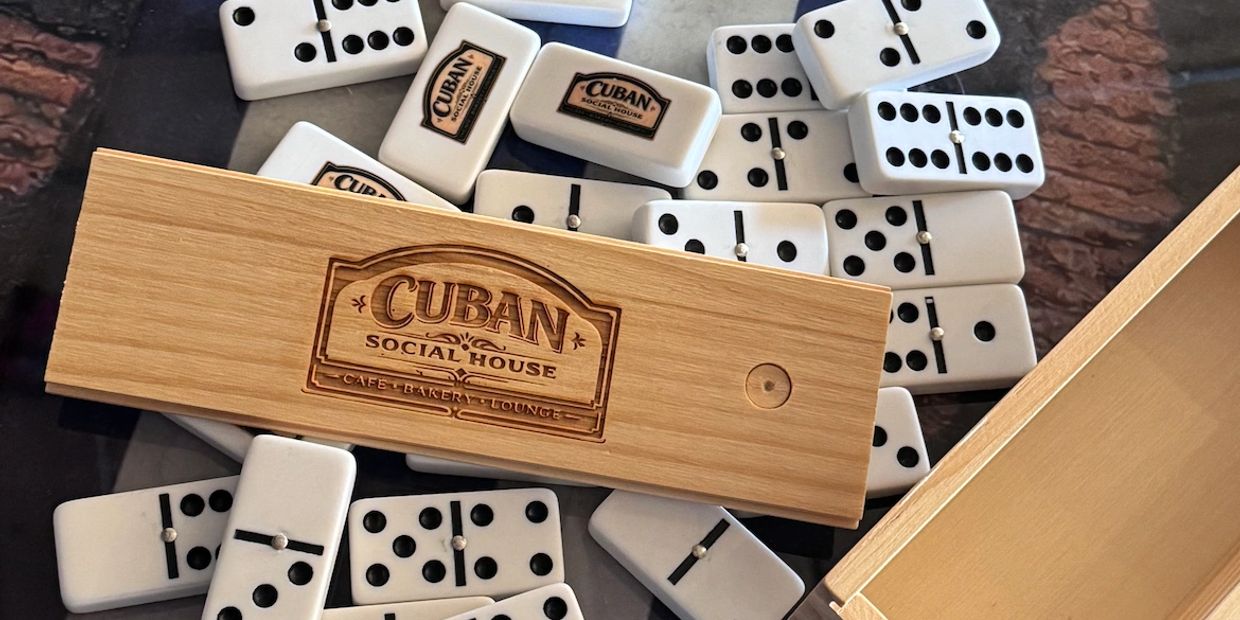 Wooden box and dominoes from Cuban Social House.