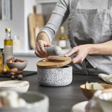 Joseph Joseph Mortar with Bamboo Lid-Bamboo on countertop kitchen