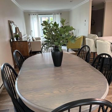 Custom color Oak Table and Black Satin Chairs