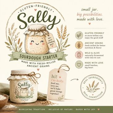 Sally sourdough starter made with gluten-friendly ancient grains and love.