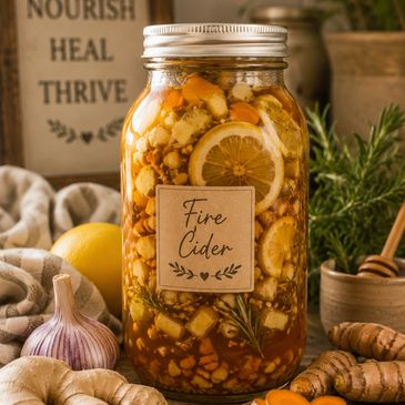 A jar of fire cider with lemon and herbs on a rustic table.