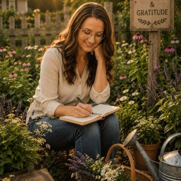 A woman journaling in a garden surrounded by flowers and plants.