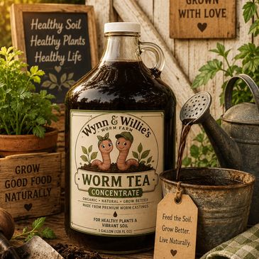 A bottle of Wynn &amp; Willie's worm tea concentrate in a garden setting.