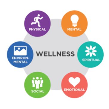 Diagram showing six dimensions of wellness: physical, mental, spiritual, emotional, social, and environmental.