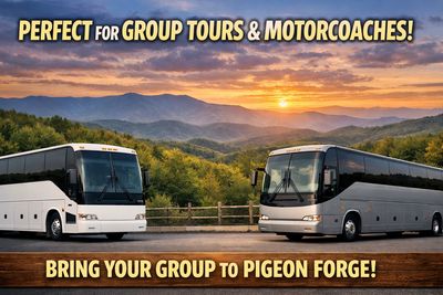 Motorcoach tour buses in the Smoky Mountains promoting group bookings for Cash & The King Elvis and 