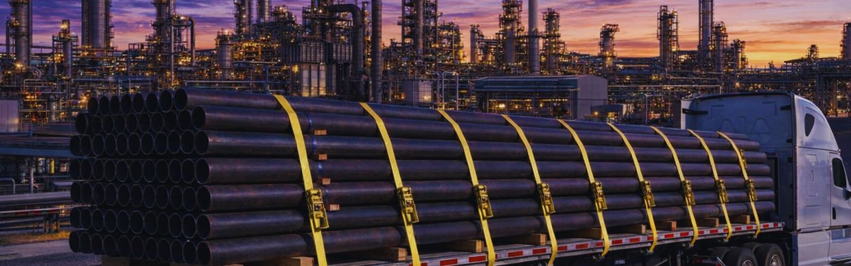 Flatbed featuring a load of piped with an oil refinery in the background. 