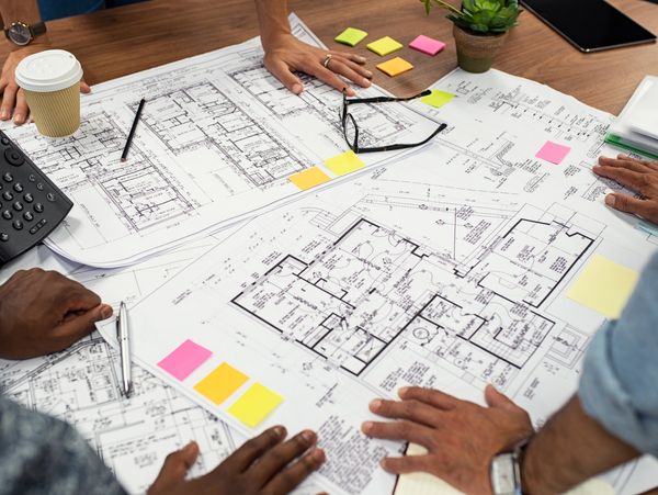 Hands closely inspecting architectural blueprints with colorful sticky notes