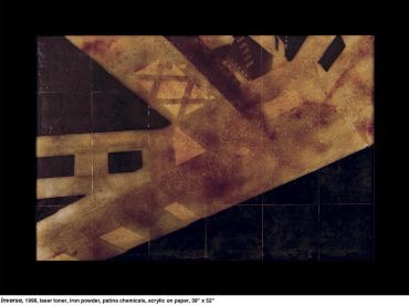 Abstract geometric art with earthy tones and layered shapes.