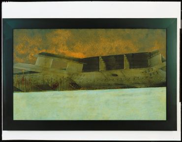 Abstract painting of a large ship against a textured background.