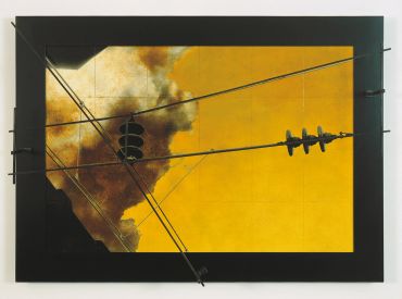 Abstract artwork featuring wires and shapes against a yellow-orange background.