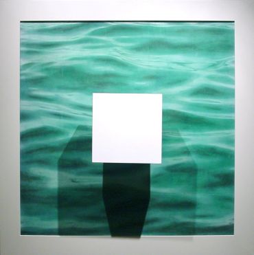 Square-shaped art with water-like texture and a central white square.