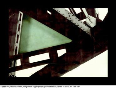 Abstract geometric shapes formed by metal beams and panels in a modern industrial setting.