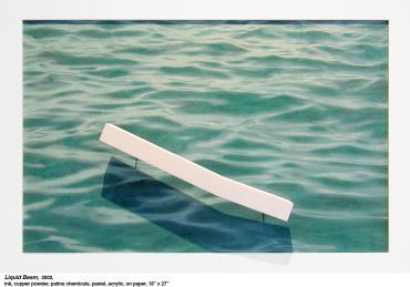 A white, angular sculpture floats above water, casting a shadow on the rippling surface.