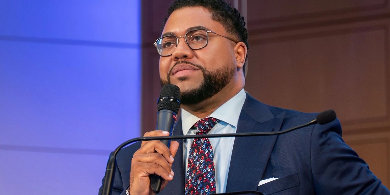 Man in a suit speaking into a microphone at a podium.