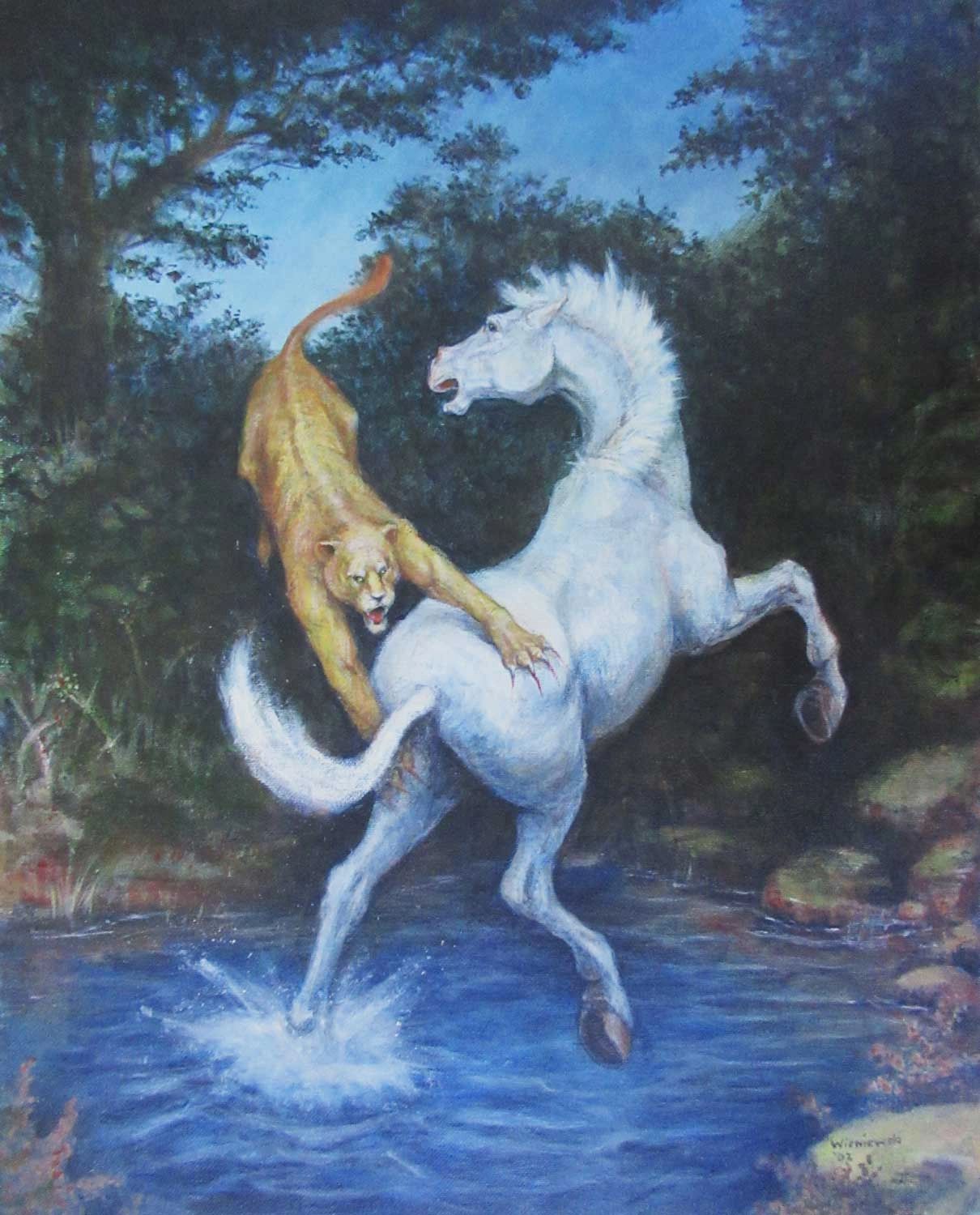 White horse being attacked by lioness. Acrylic painting by Stan Wisniewski.