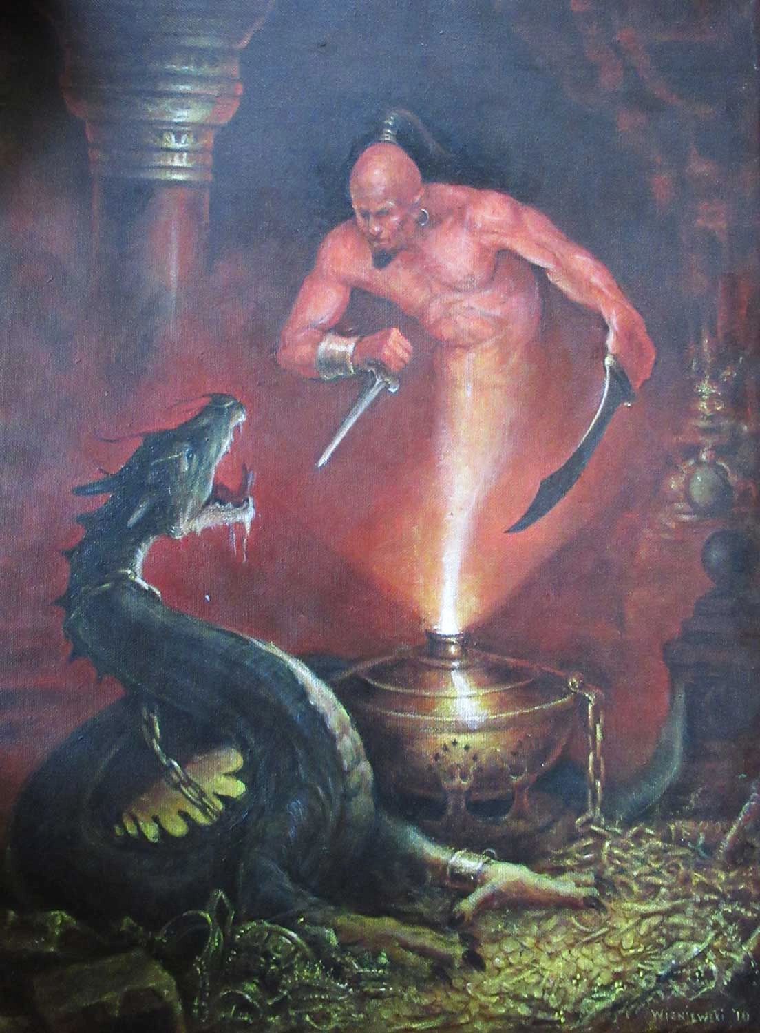 Genie fighting a chained dragon, Acrylic painting by Stan Wisniewski.